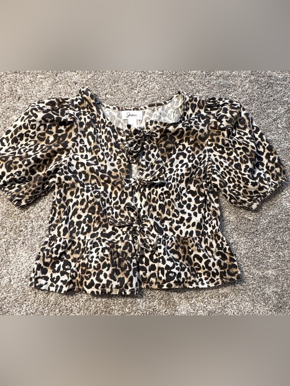 Jopaa Leopard Print Woven Cotton Tie Front Square Neck Puff Sleeve Blouse S